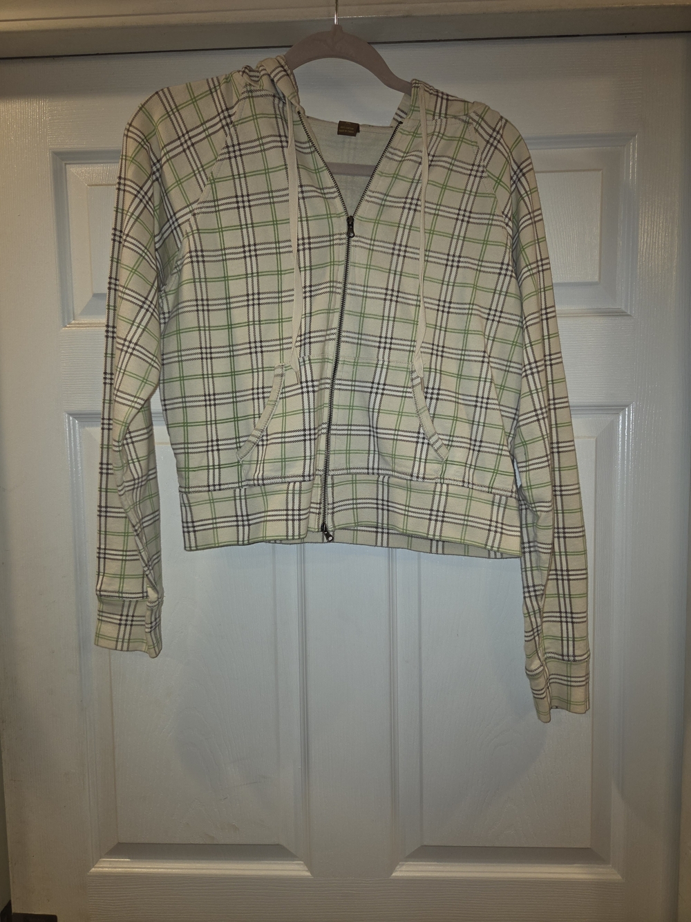Copper Key Cream Plaid Zip Hoodie with Green and Brown Accents